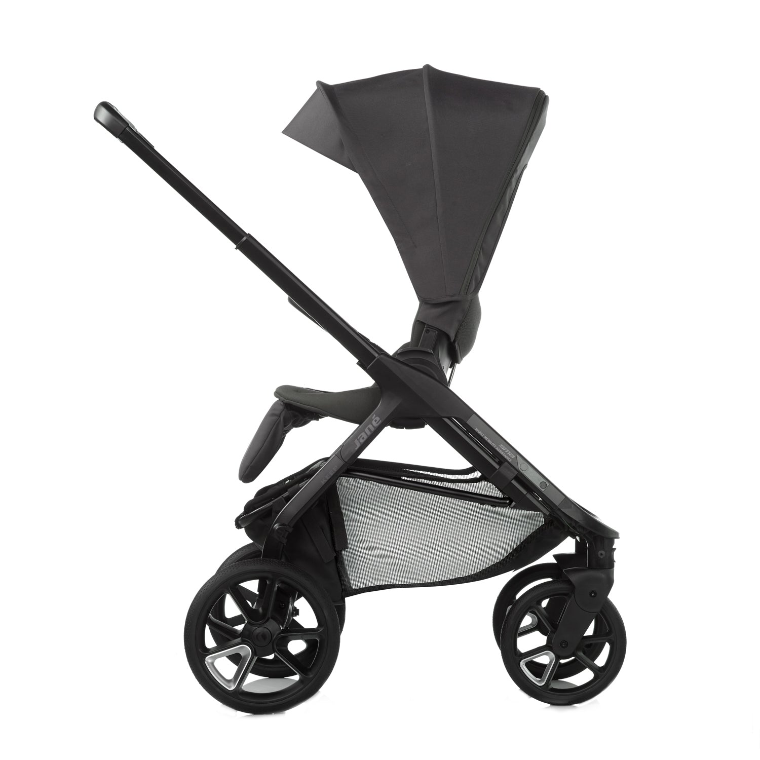 Black stroller with canopy on a white background