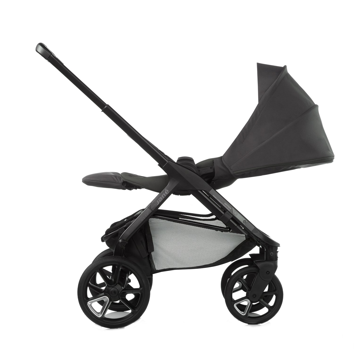 Black baby stroller on a white background