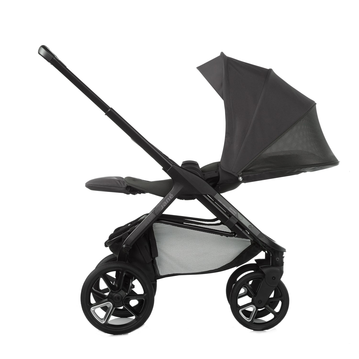 Black stroller with canopy on a white background