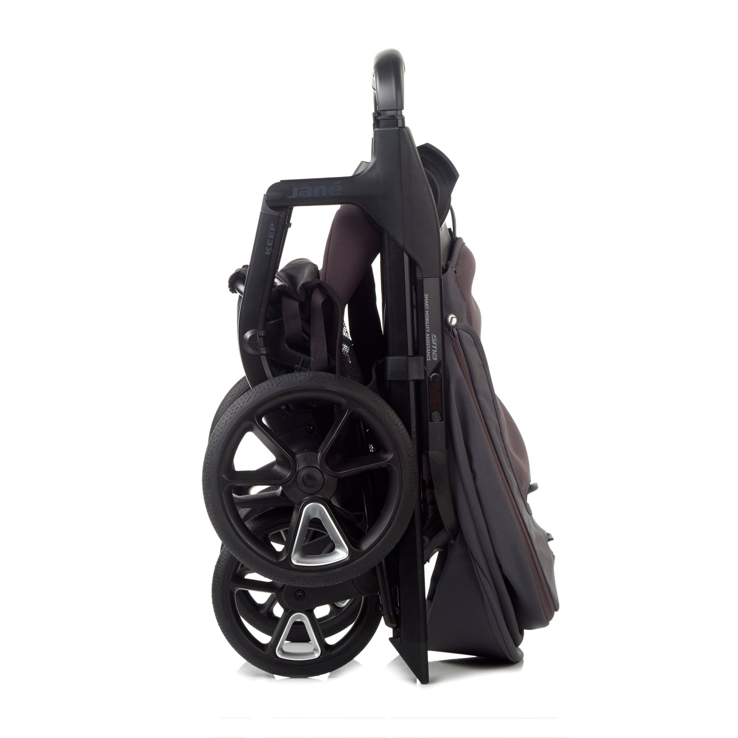 Folded stroller on a white background