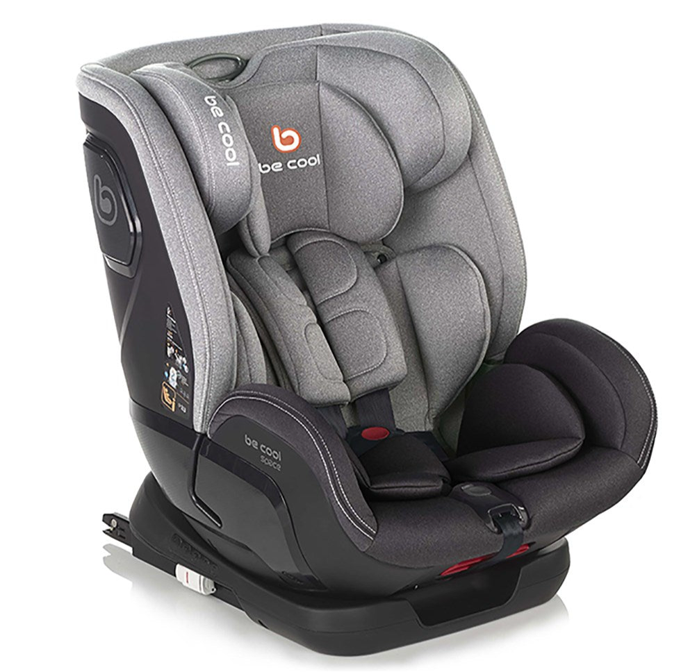 Gray and black car seat with 'be cool' branding on a white background