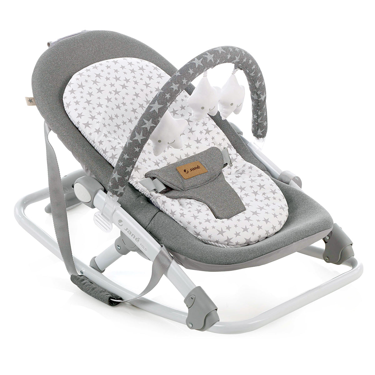Gray and white baby bouncer with star pattern on a white background