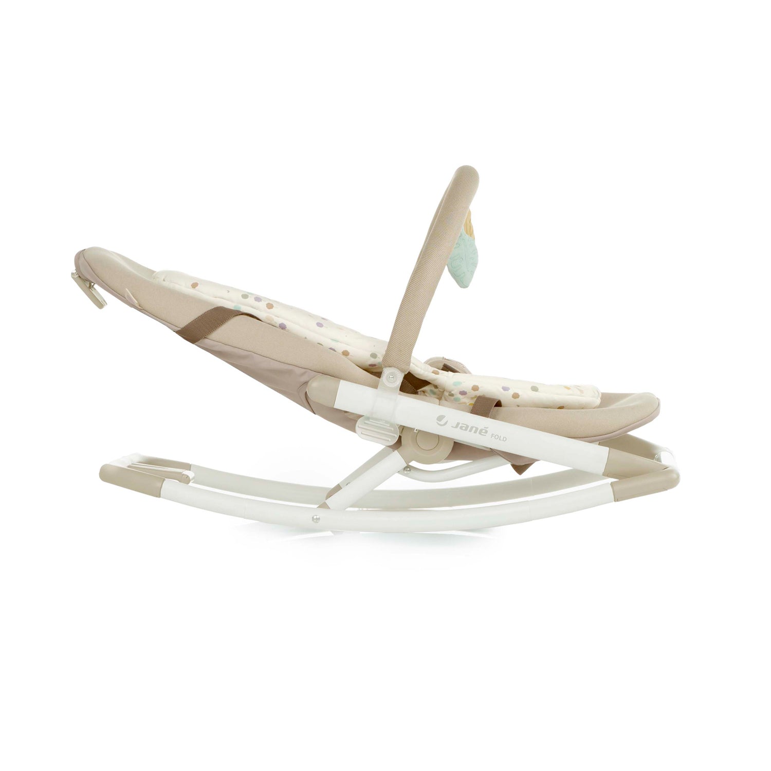 Beige baby rocker with white base on a white background