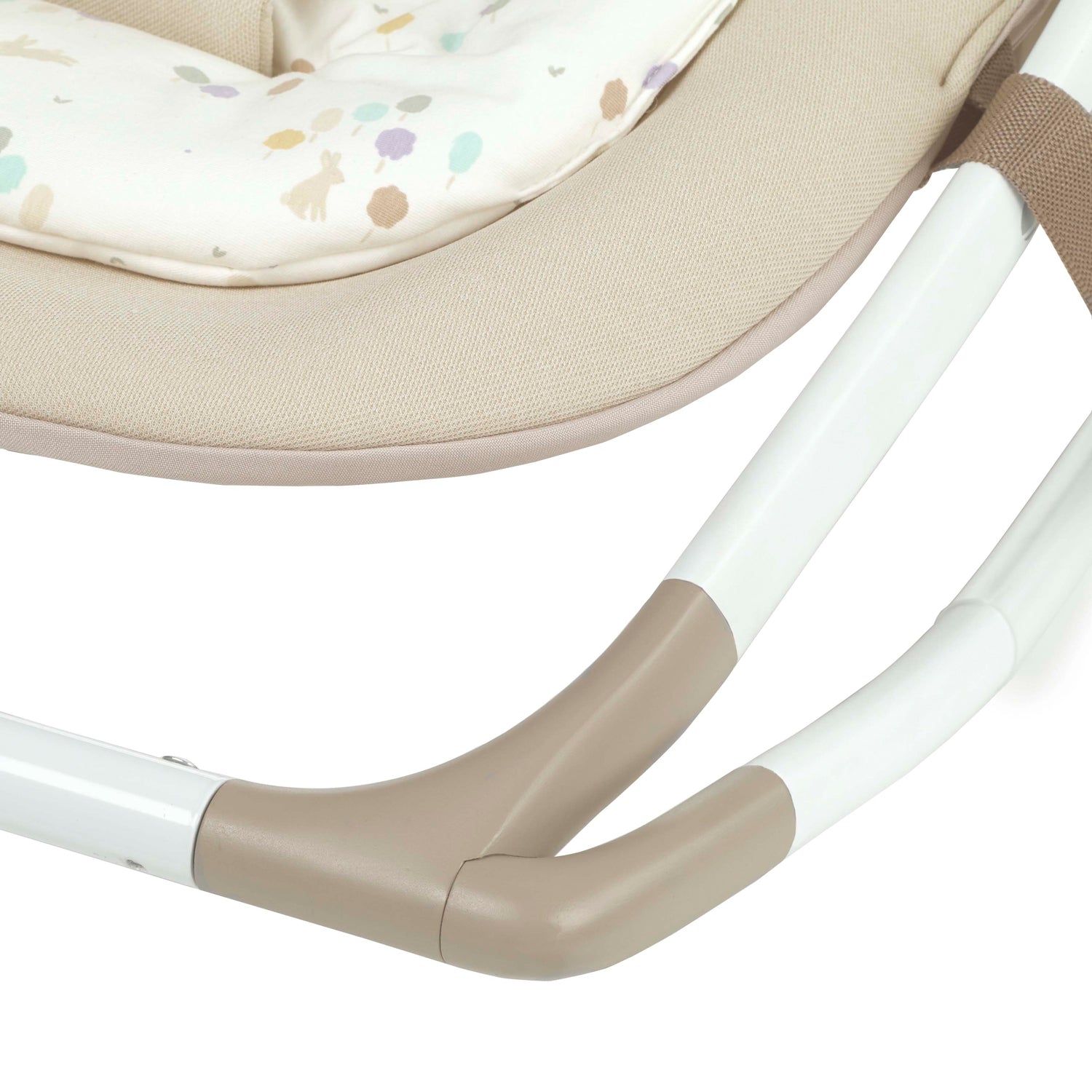Close-up of a baby bouncer with beige and white design on a white background
