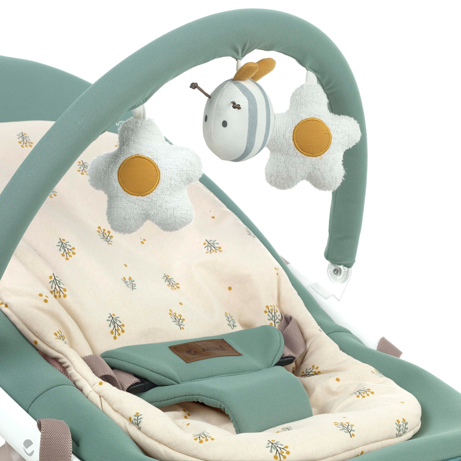 Baby bouncer with floral-patterned cover and hanging toys on a white background