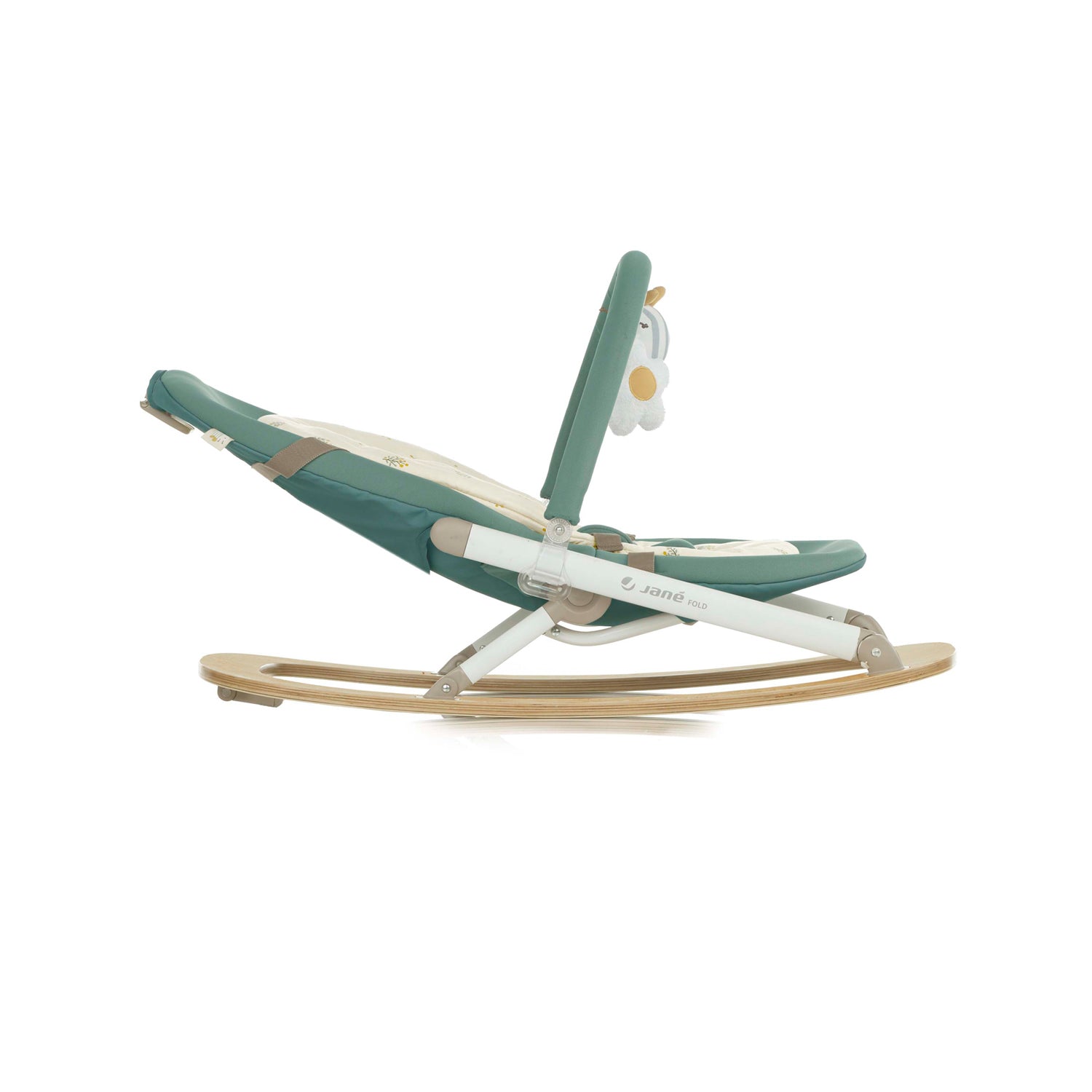 Green and beige baby rocker on a white background