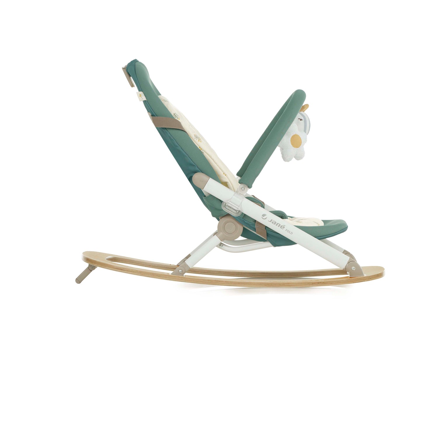 Children's rocking chair with a toy on a white background