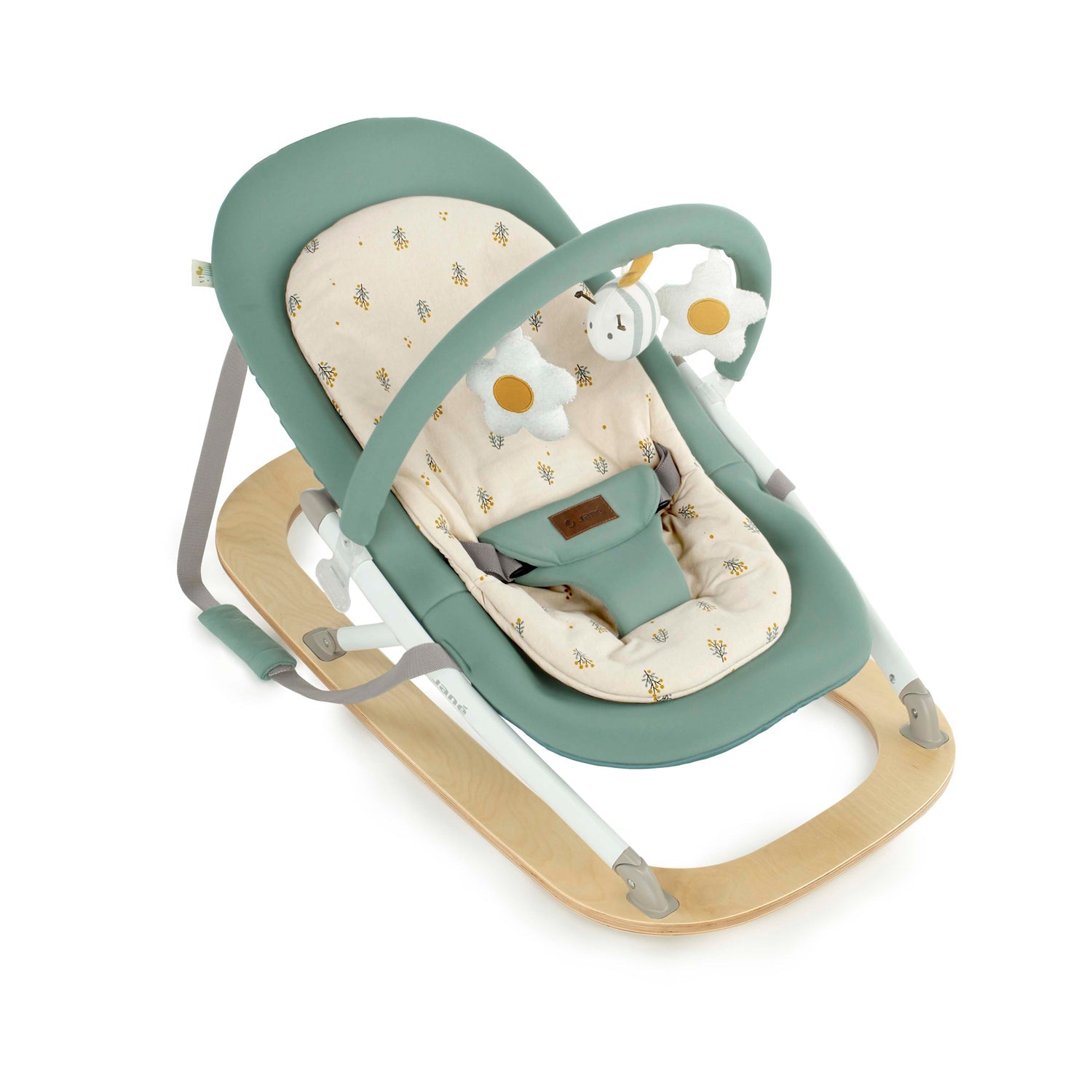 Baby bouncer with green cushion and floral pattern on a white background