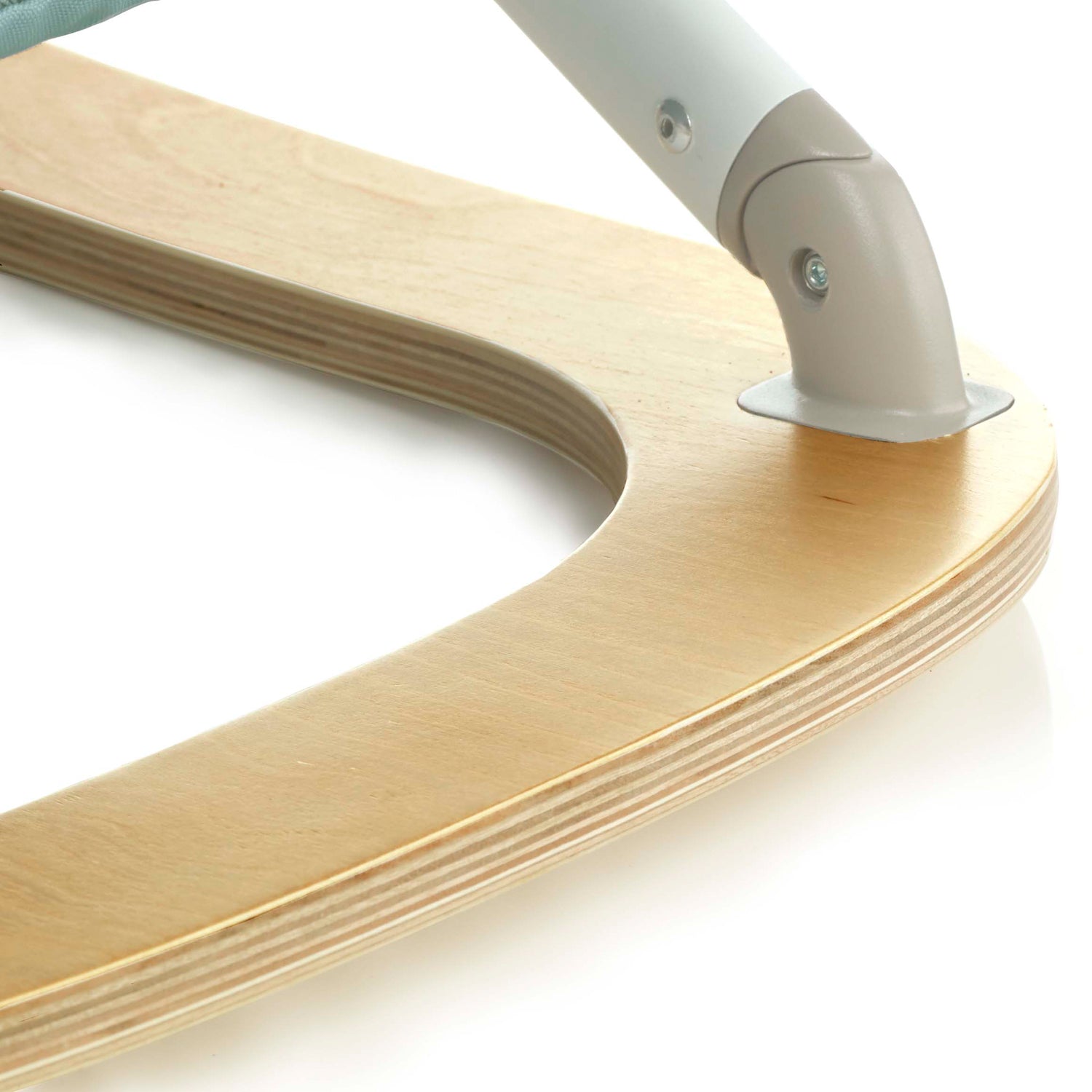 Wooden chair armrest with a metal bracket on a white background