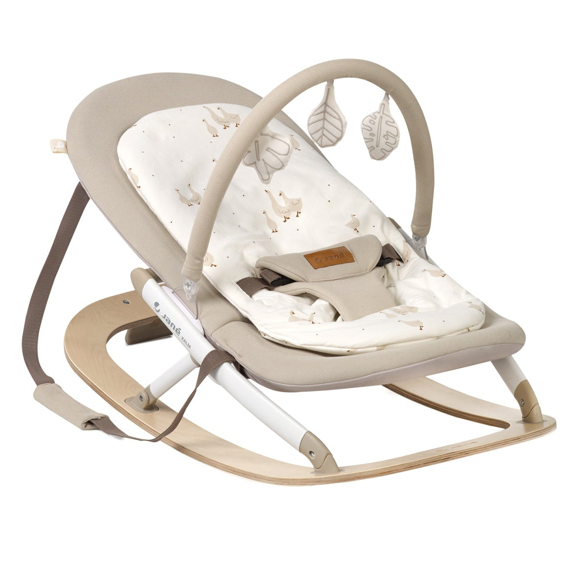 Baby rocker with white cushion and beige frame on a white background