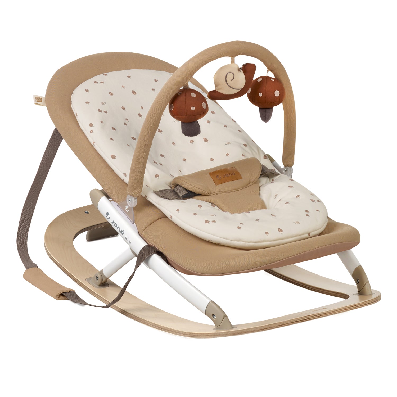 Baby rocker with beige and brown design on a white background