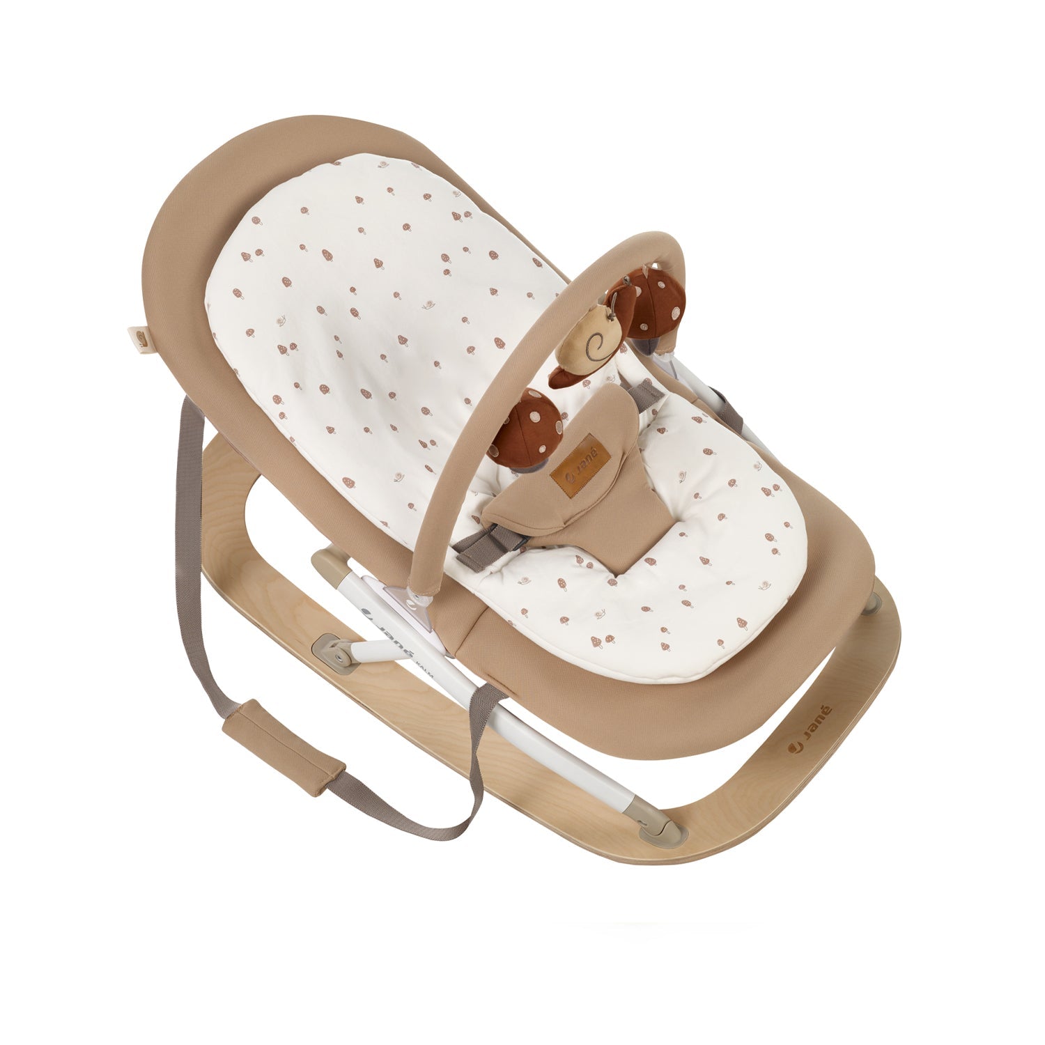 Baby bouncer with beige frame and white cushion with brown patterns on a white background
