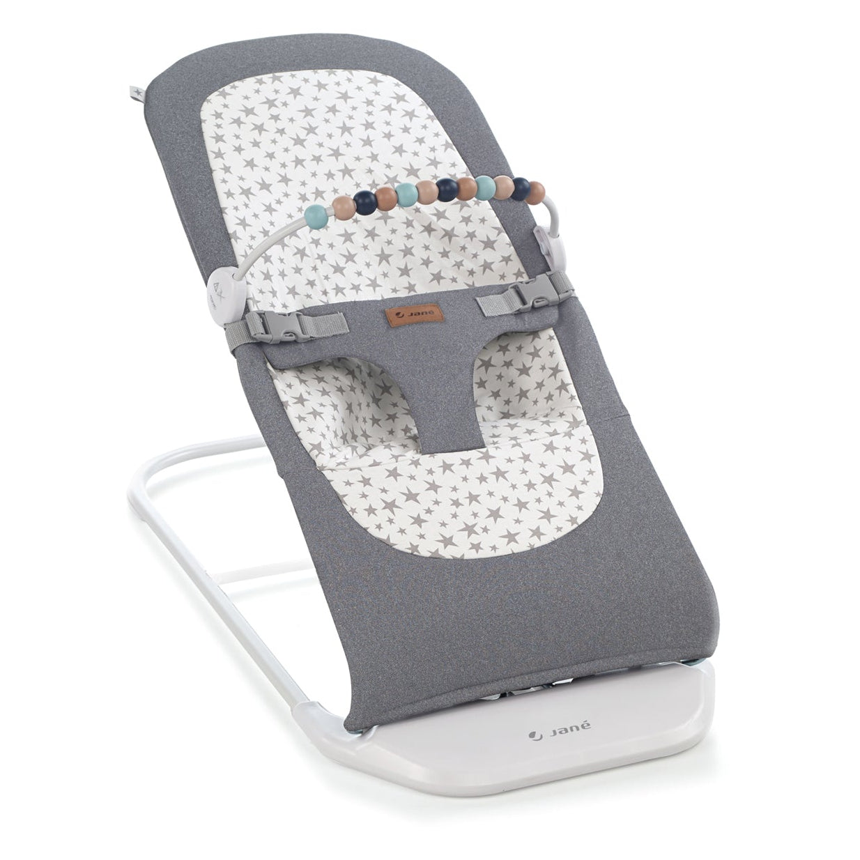Baby bouncer with star patterned seat and gray frame on a white background
