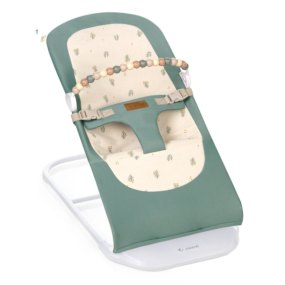 Baby bouncer with green cover and beige cushion on a white background