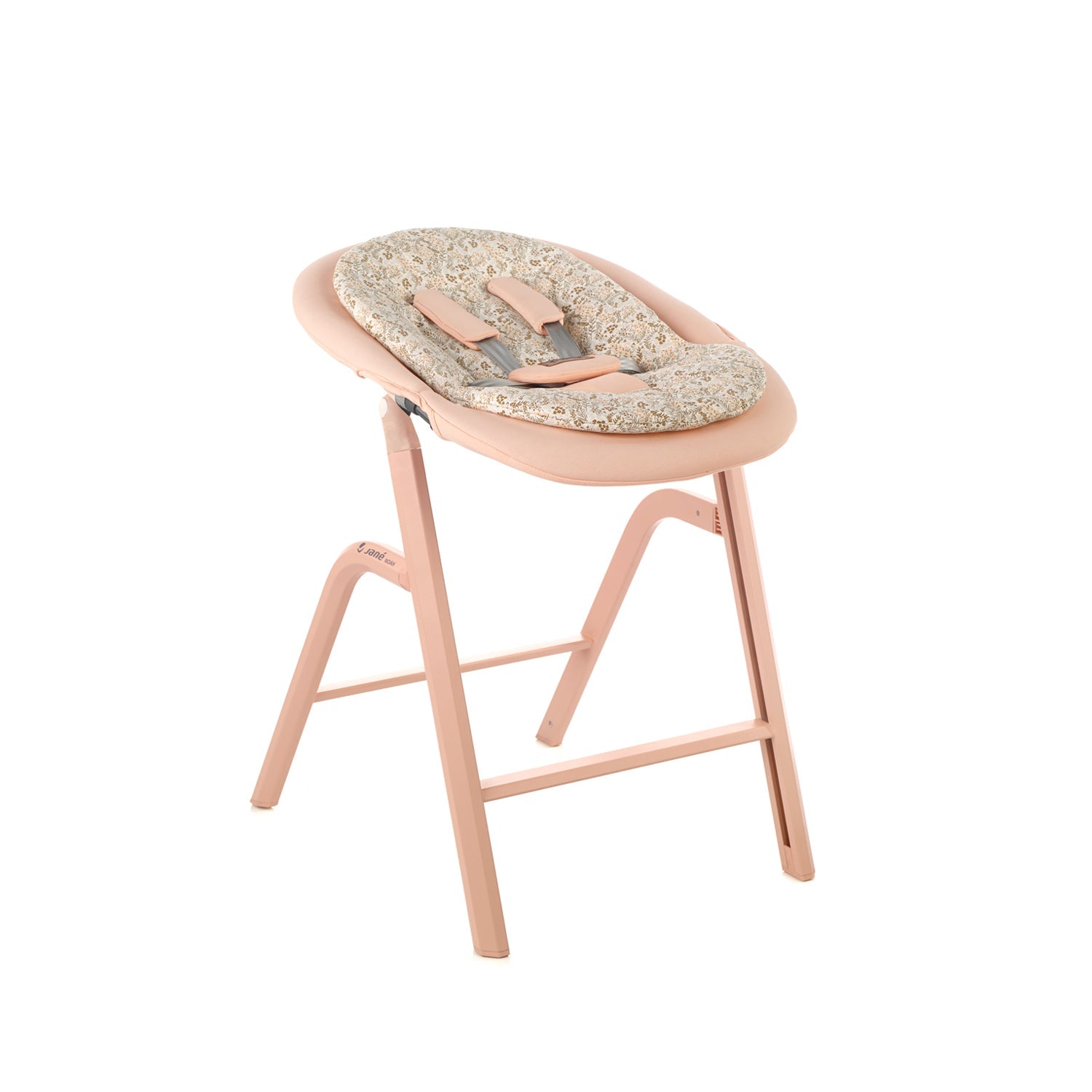 Pink high chair with floral cushion on a white background