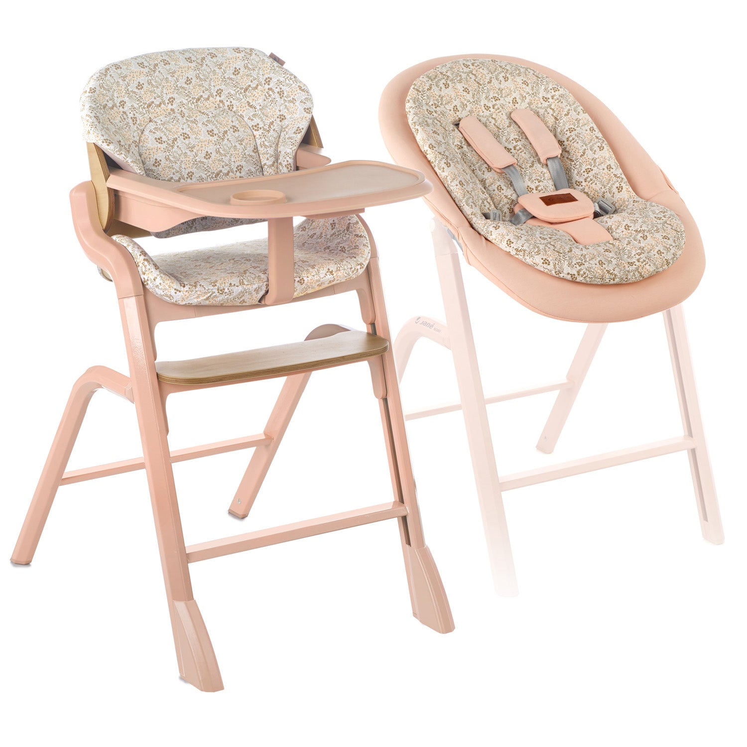 Wooden high chair with floral cushion on a white background