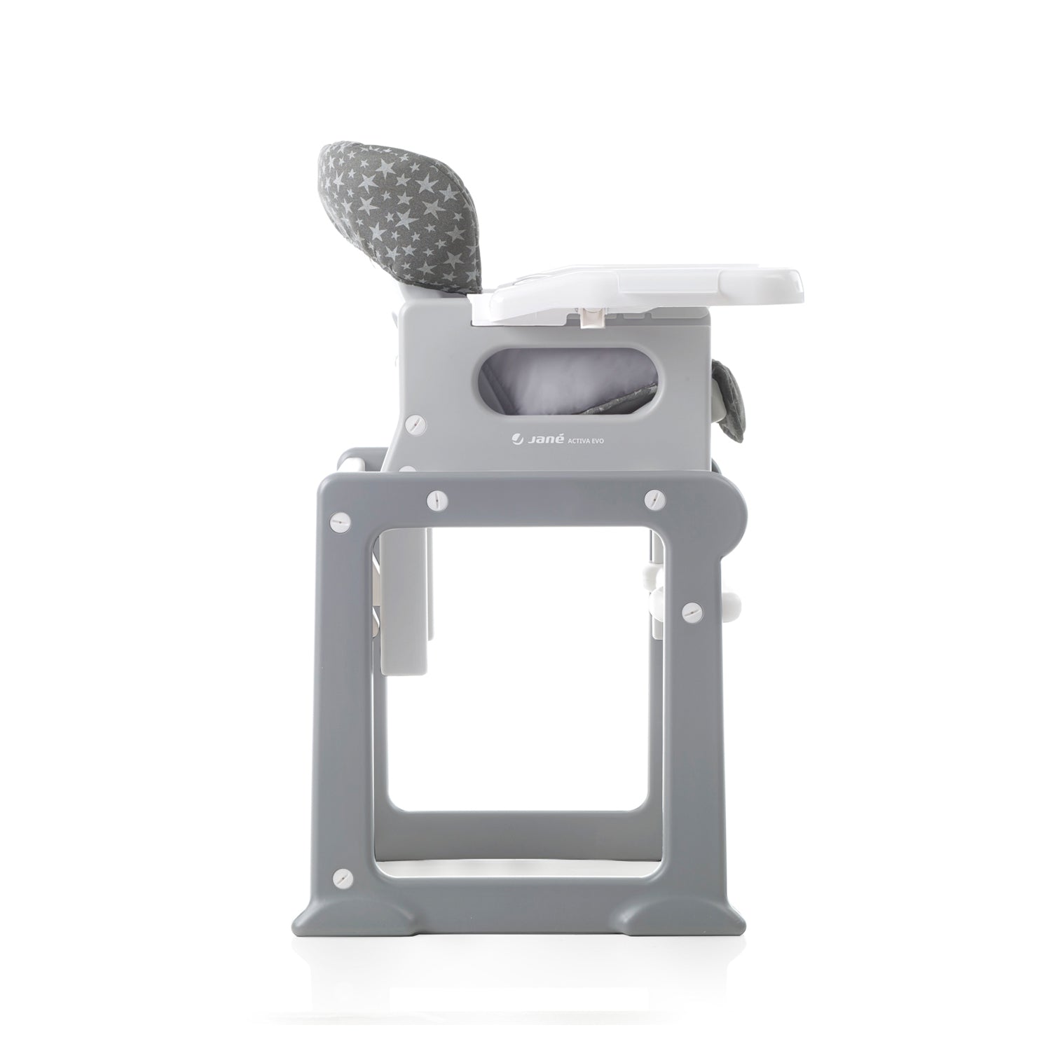 Gray high chair with a cushion on a white background