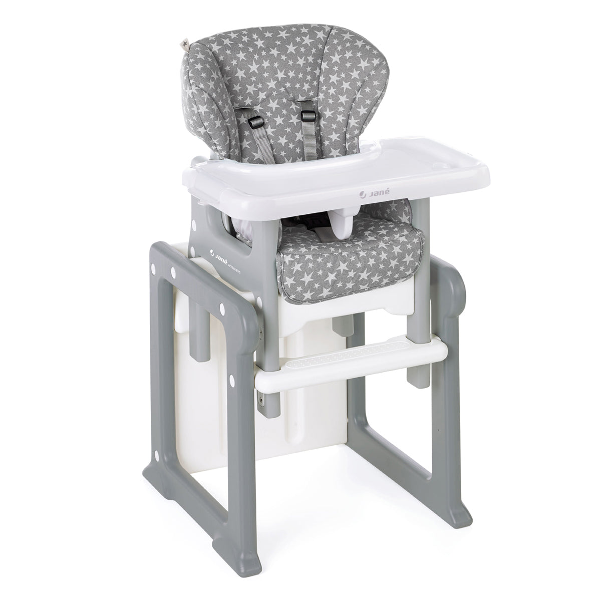 Gray and white high chair with star pattern on a white background