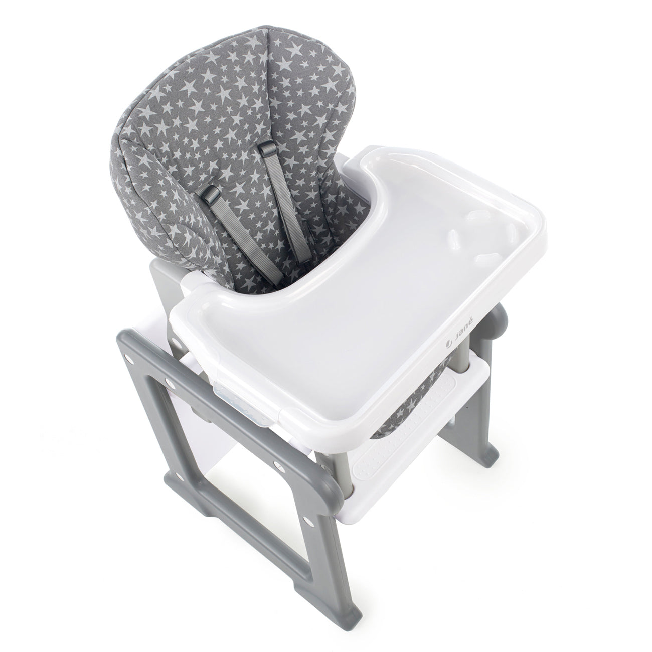 High chair with gray star-patterned seat cover on a white background