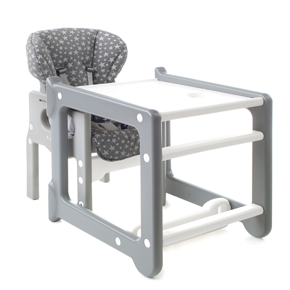 Gray and white high chair with star-patterned cushion on a white background