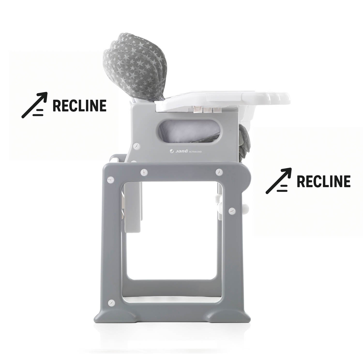 Gray high chair with recline feature labeled on a white background