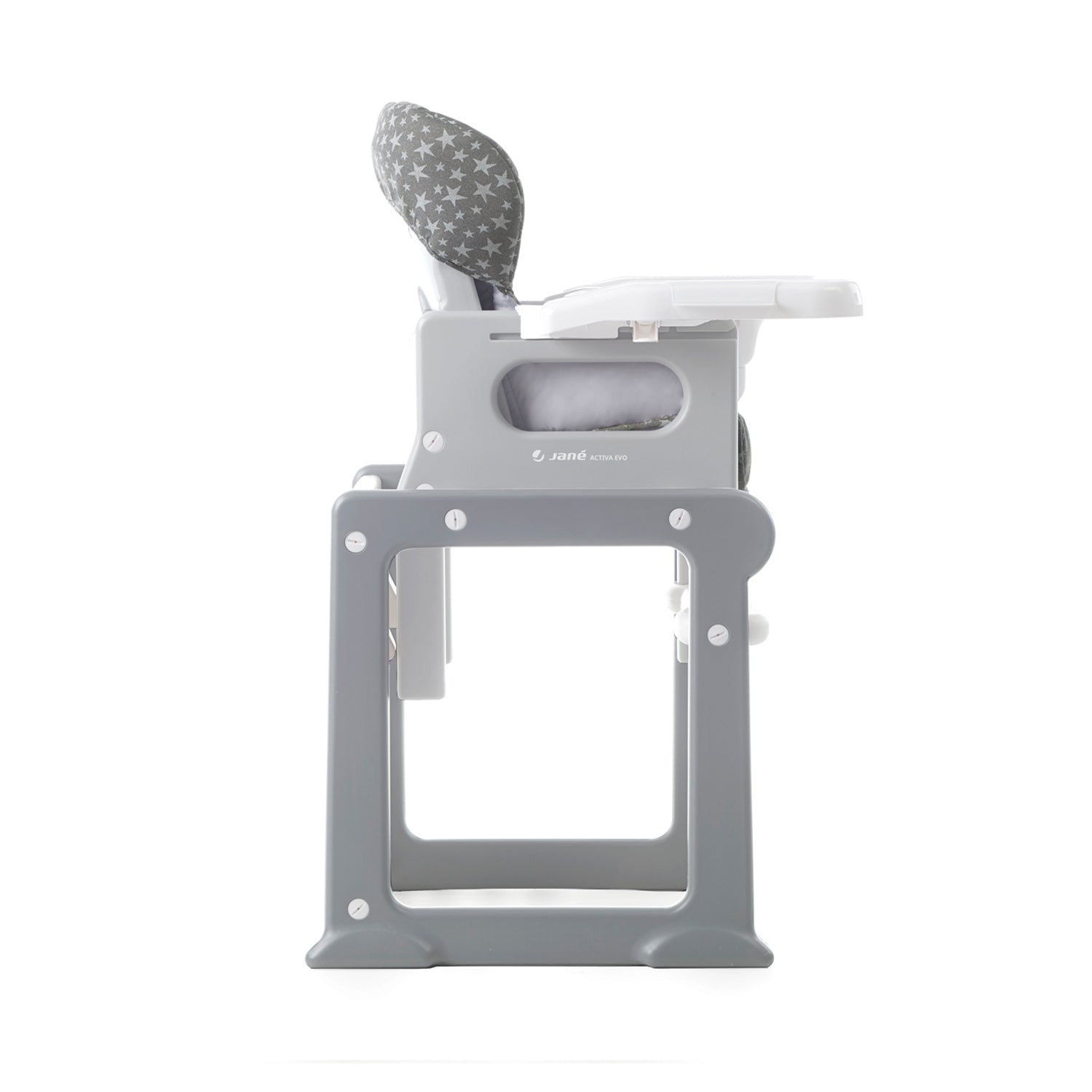 Gray high chair with a star-patterned cushion on a white background