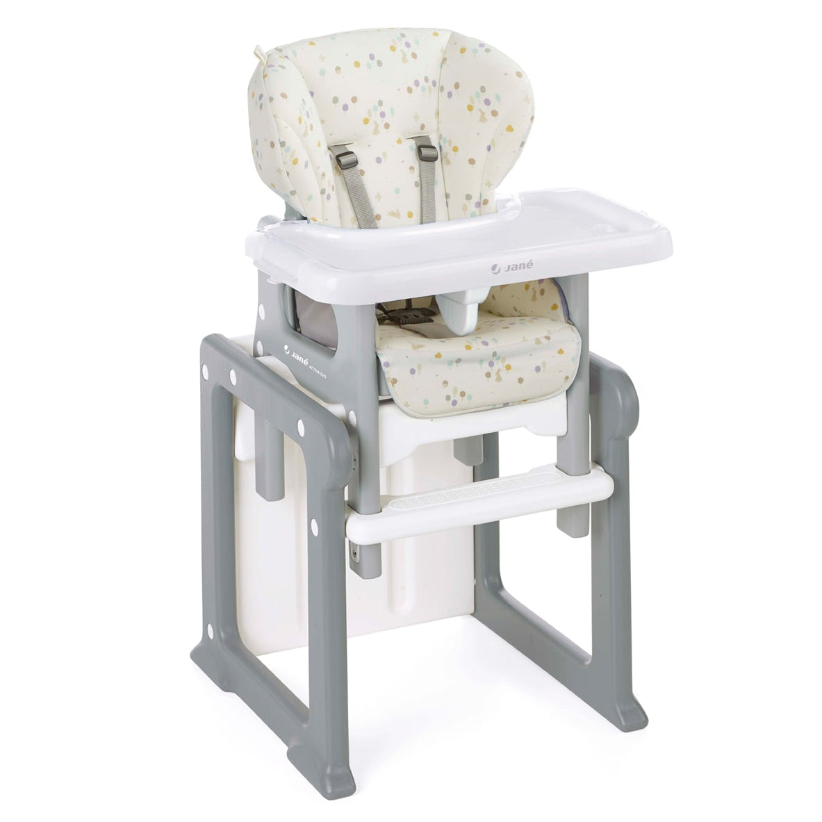 Baby high chair with patterned cushion on a white background
