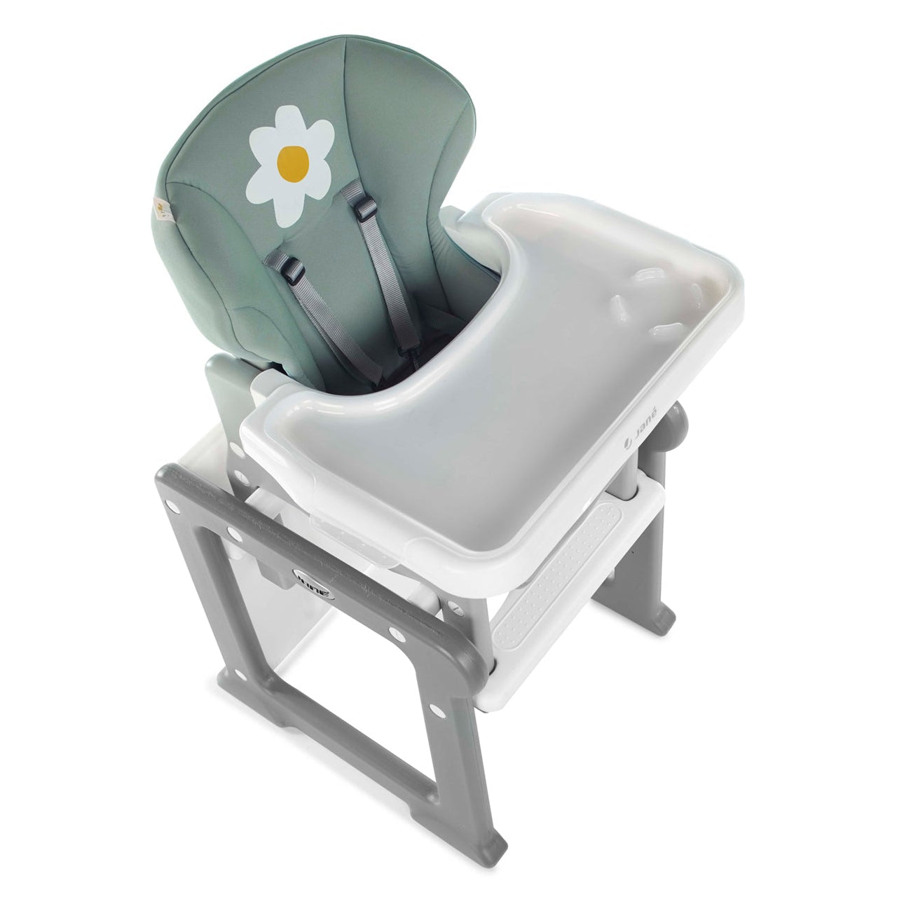 Baby high chair with green seat and white tray on a white background
