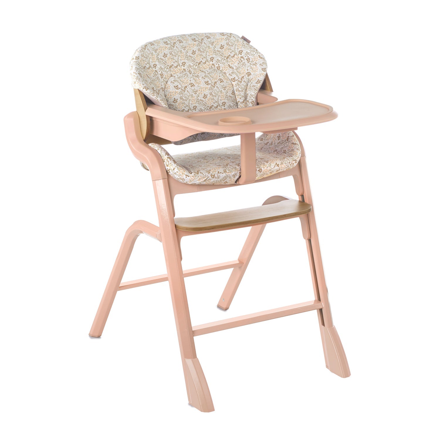 Wooden high chair with floral cushion on a white background