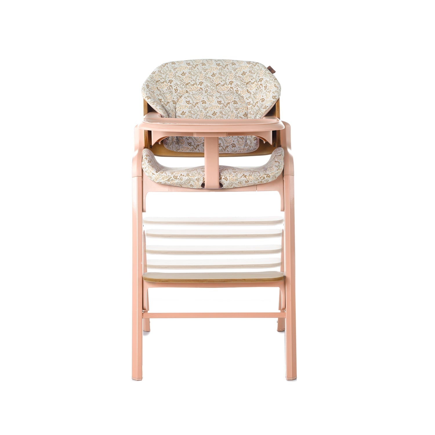Pink high chair with floral cushion on a white background