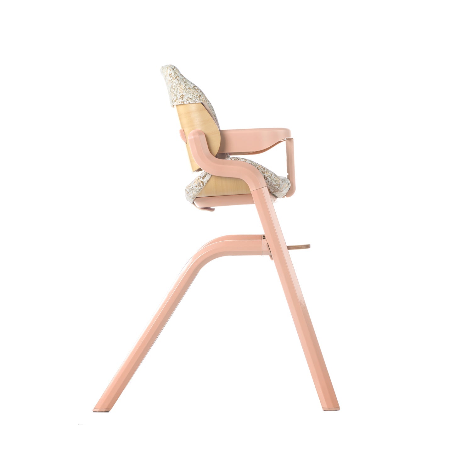 Pink high chair with beige cushion on a white background