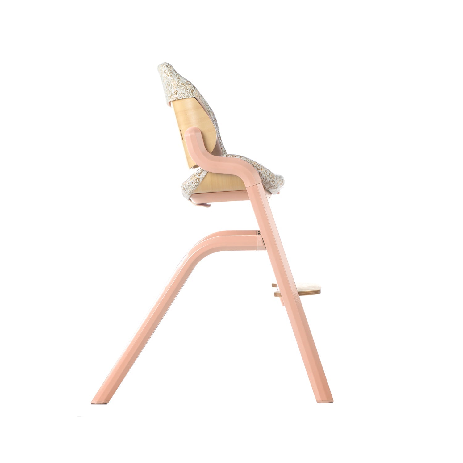Pink high chair with a decorative backrest on a white background