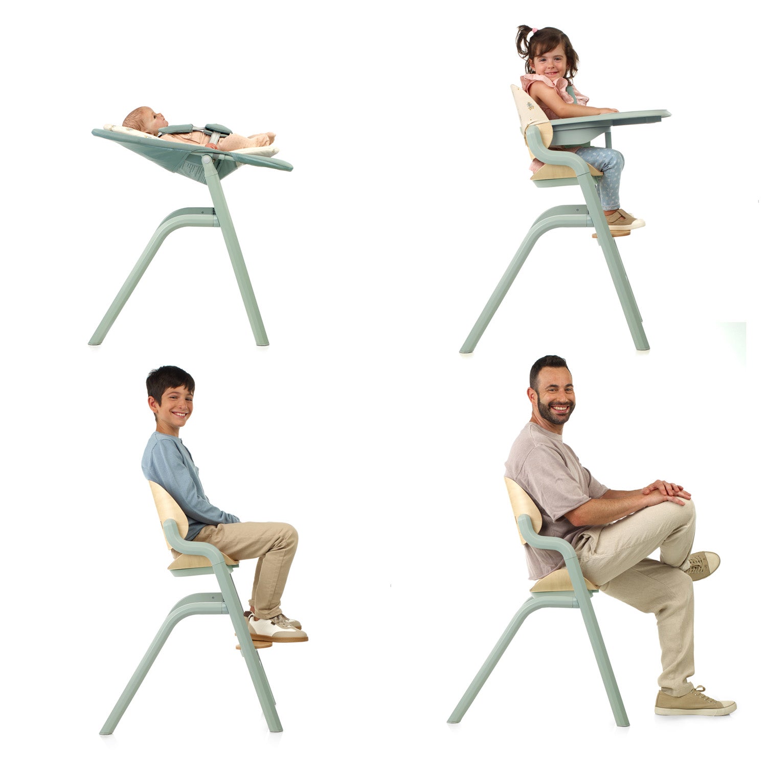 Collapsible chair with multiple users in different positions on a white background