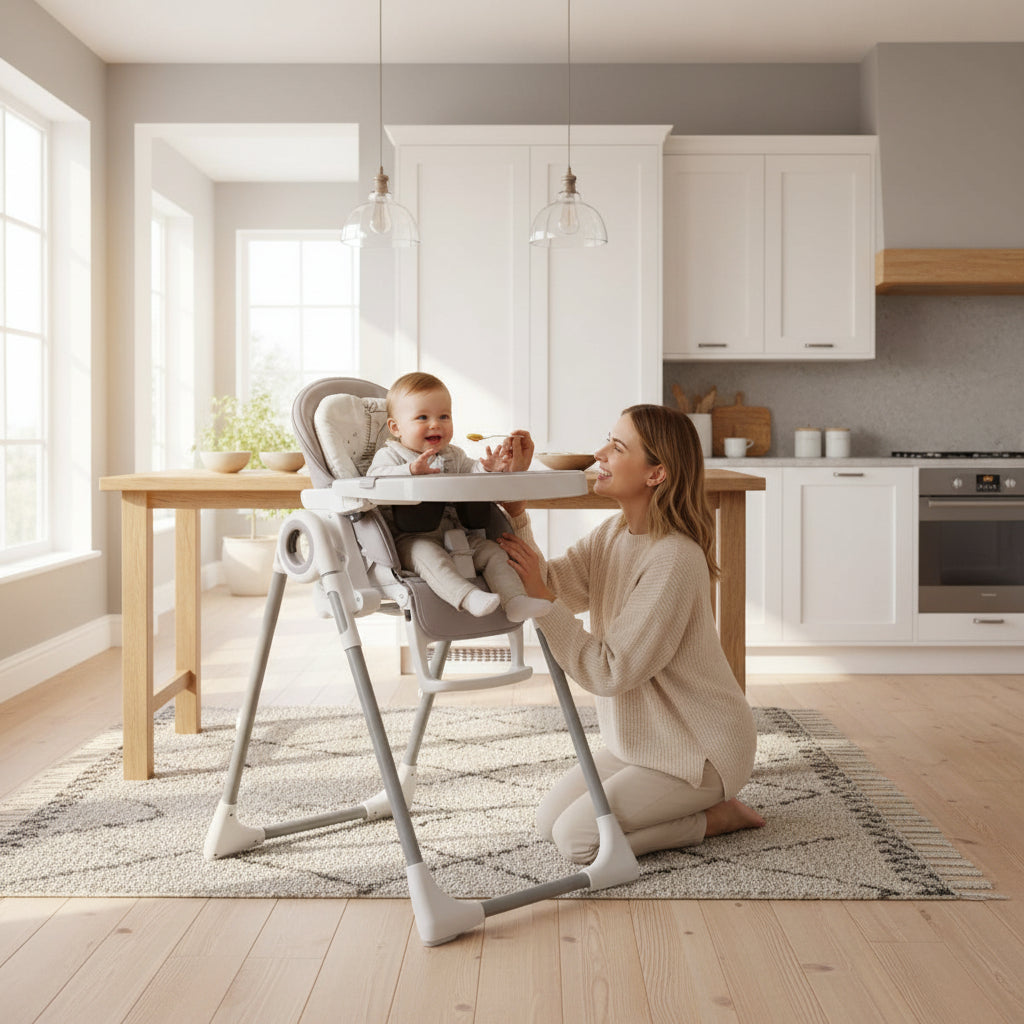 Woman and child in a high chair in a modern kitchen