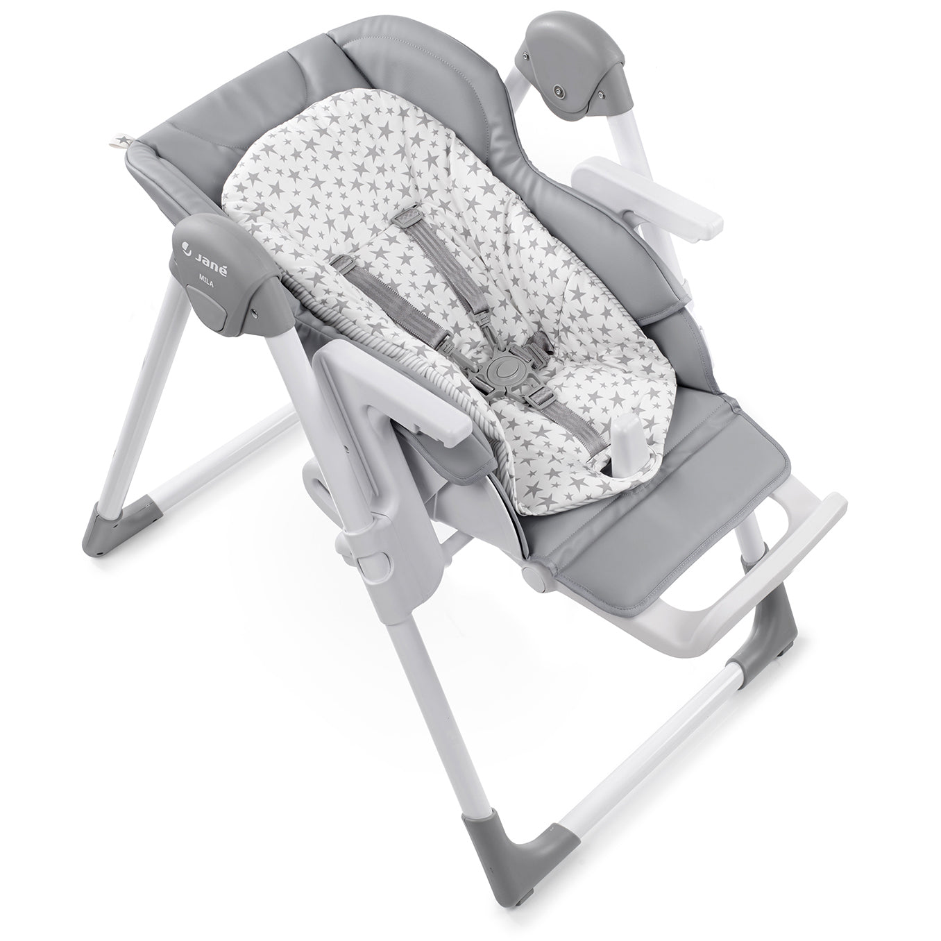Gray and white baby high chair with patterned seat on a white background
