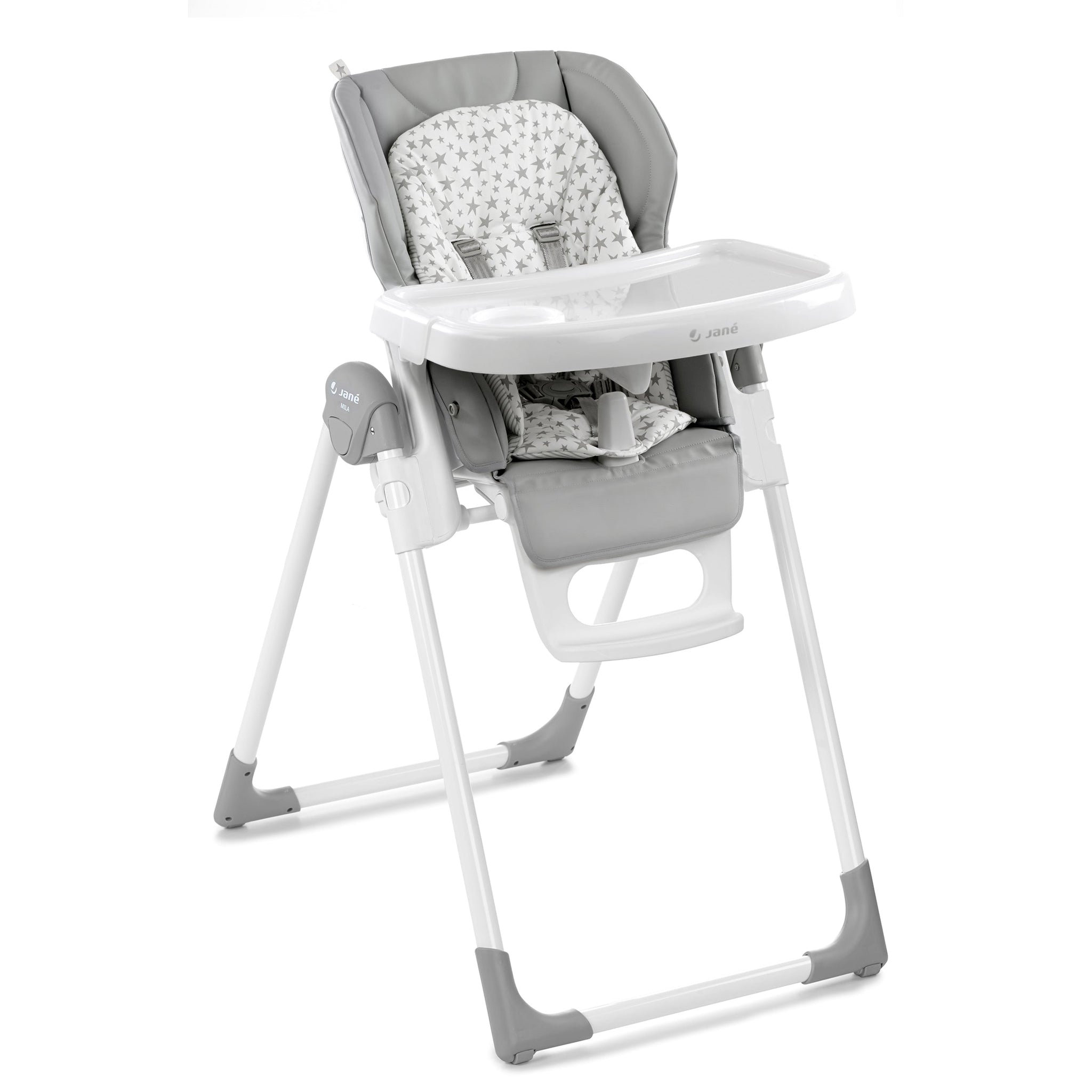 Gray and white high chair with patterned cushion on a white background