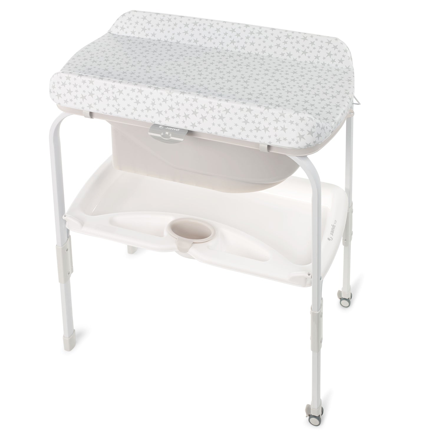 White baby changing table with a patterned top on a white background