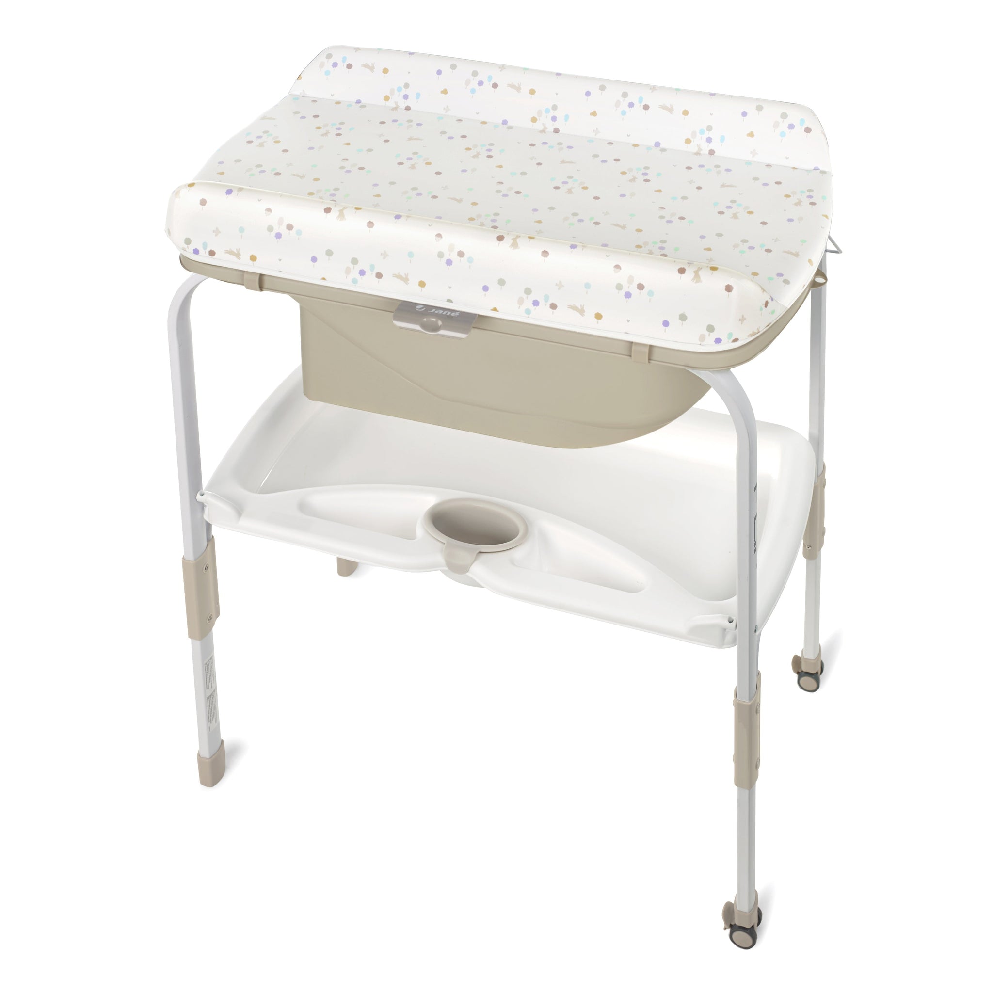 Baby changing table with a white cover on a white background