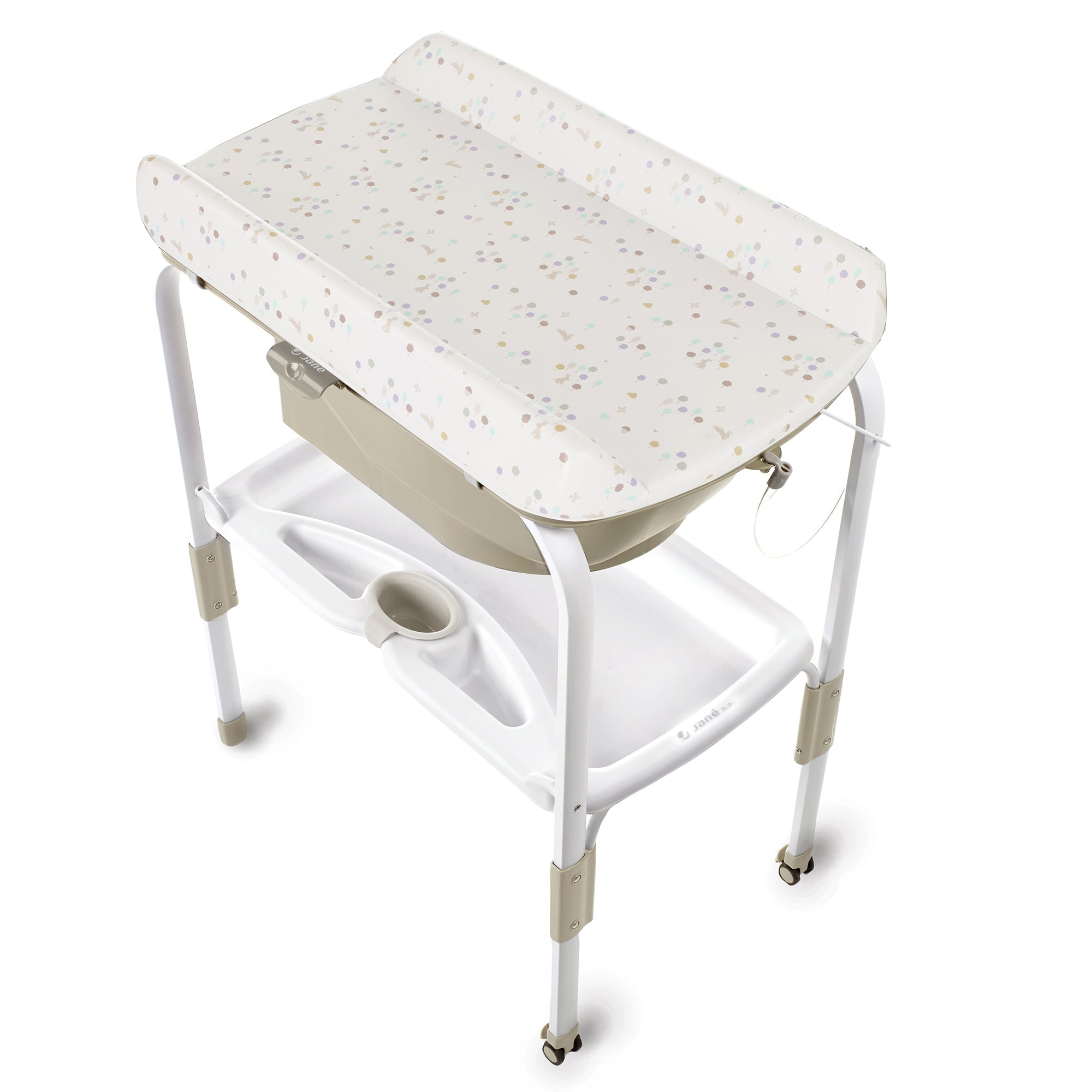 Baby changing table with a white cover on a white background