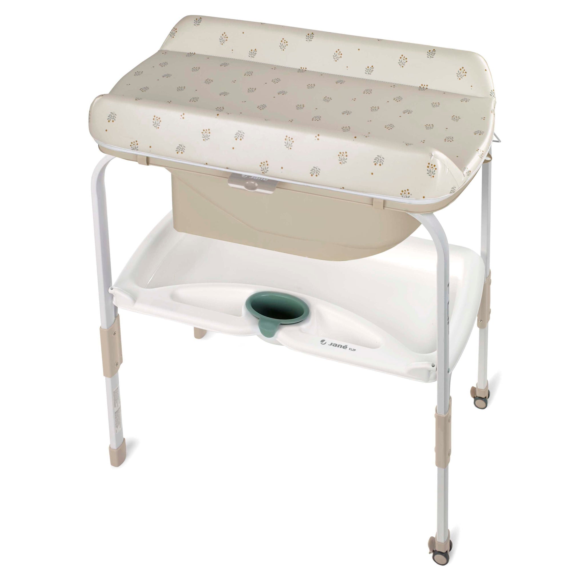 Baby changing table with patterned top and white base on a white background