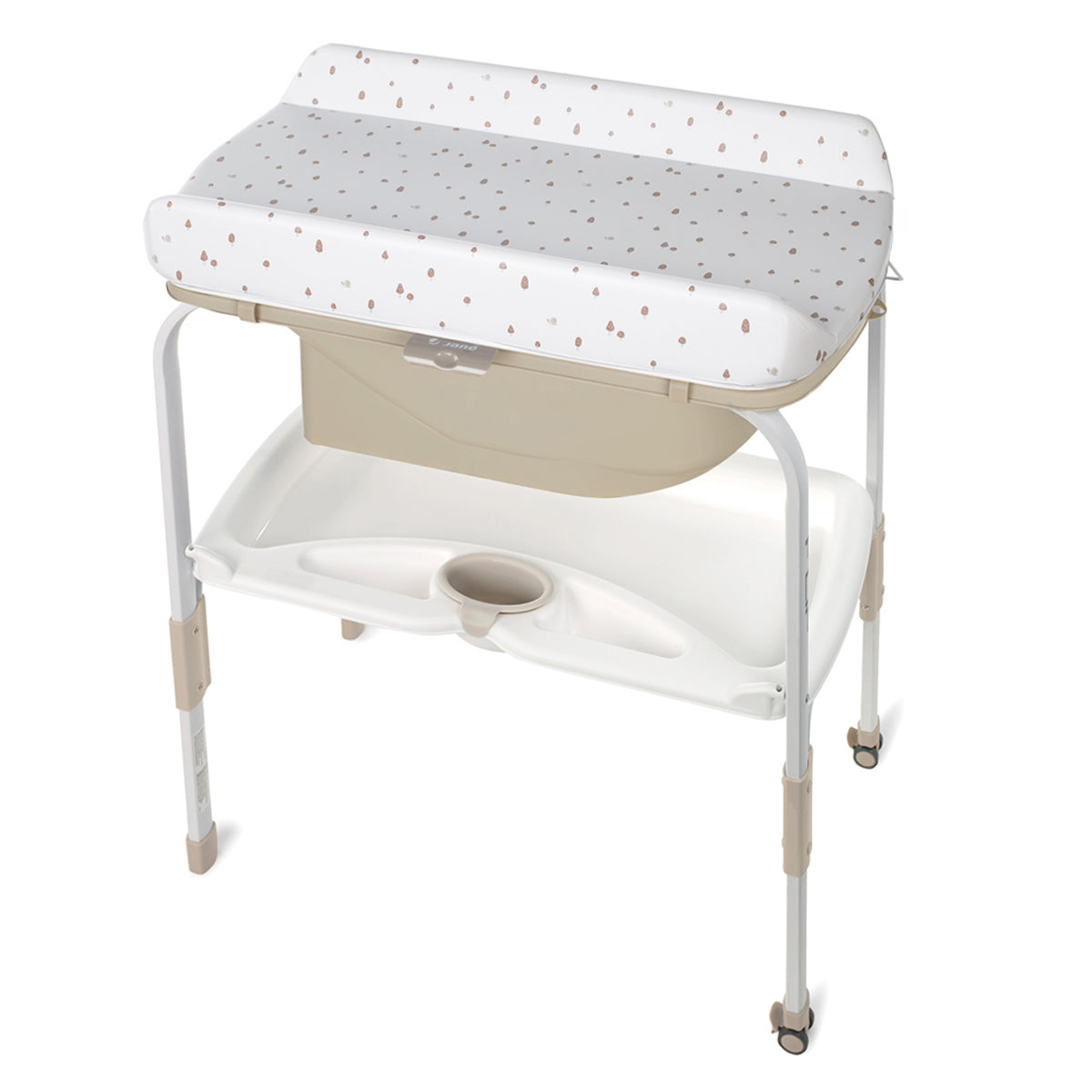 Baby changing table with a white cover and beige base on a white background
