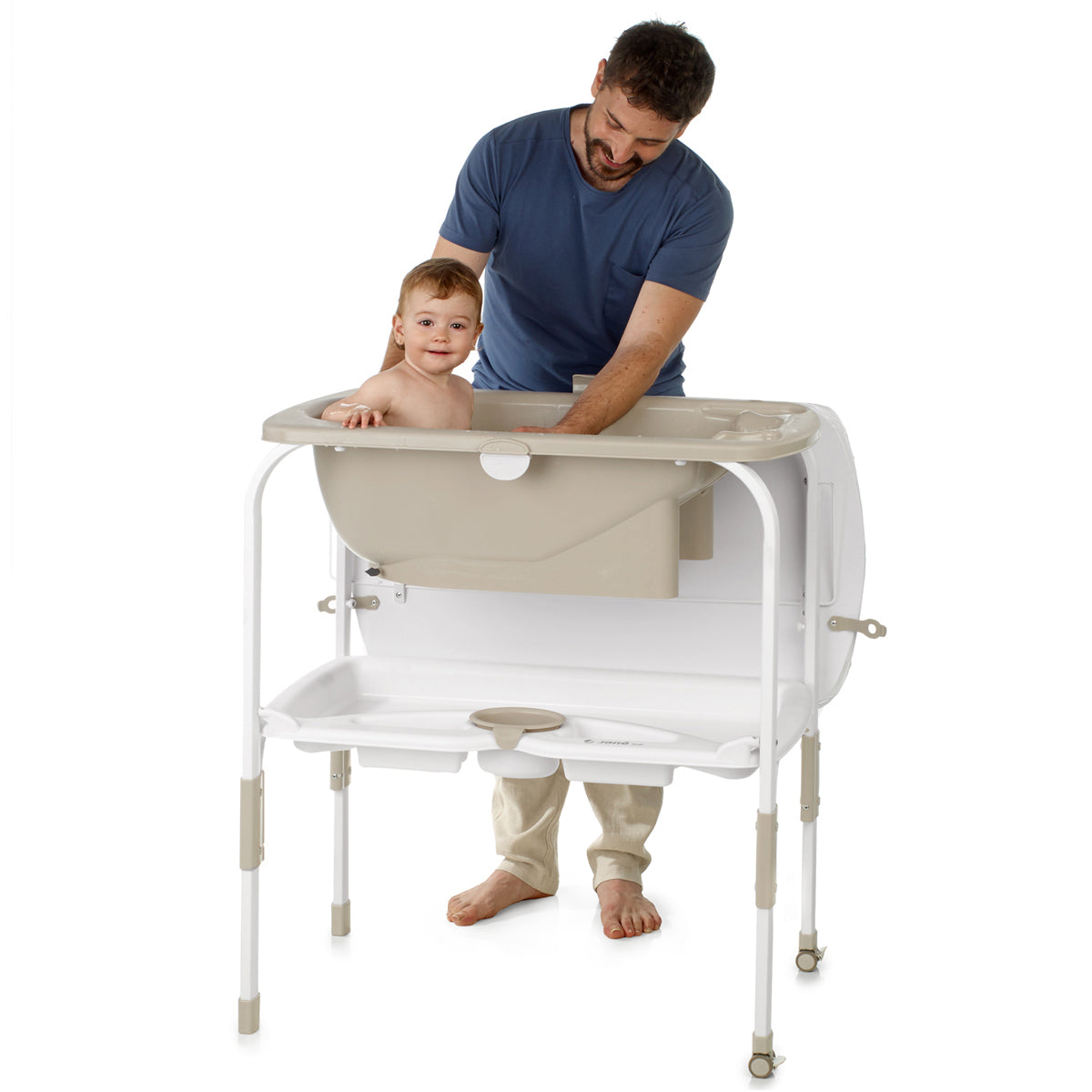 Man and child using a baby bath seat on a white background