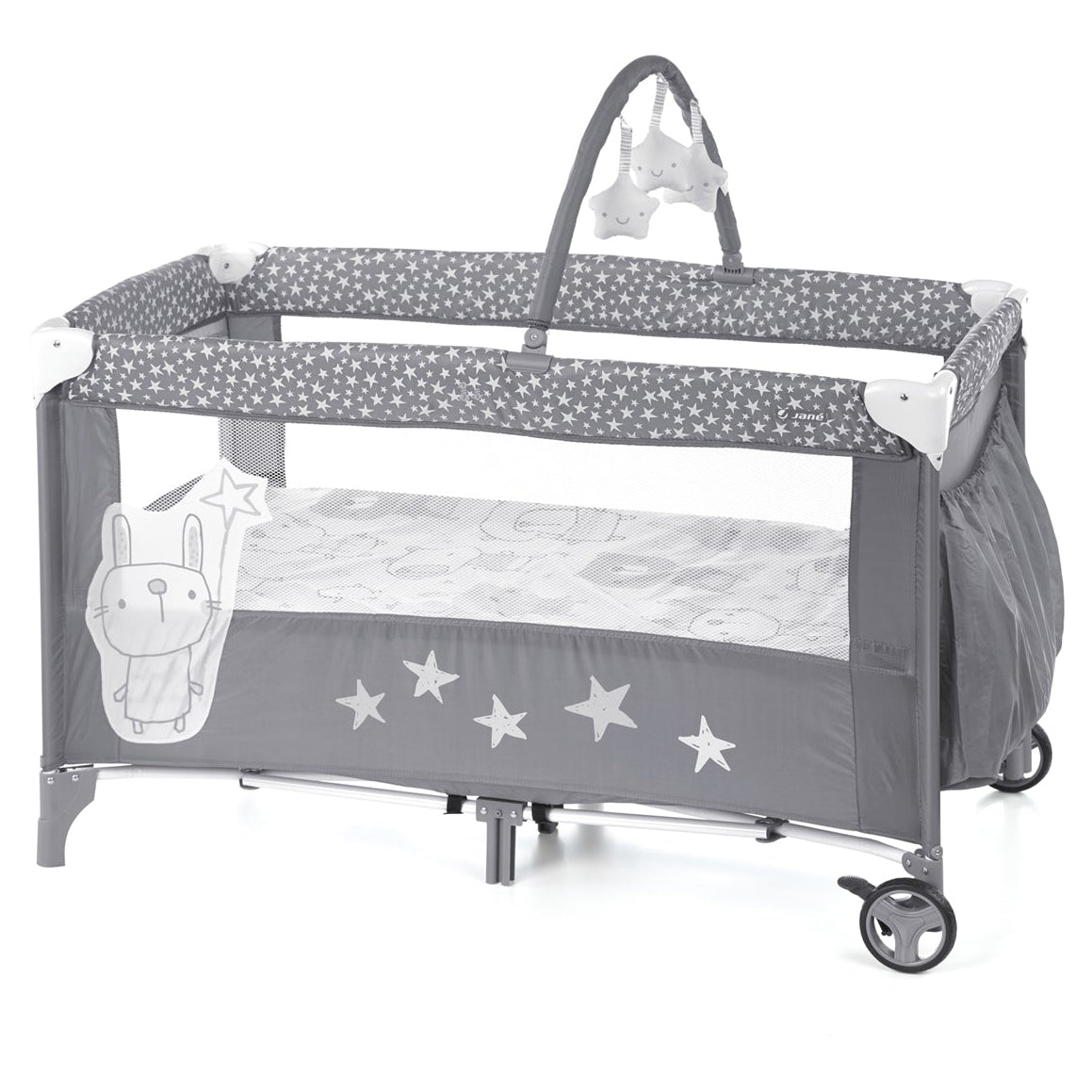 Gray baby crib with star patterns and cartoon characters on a white background