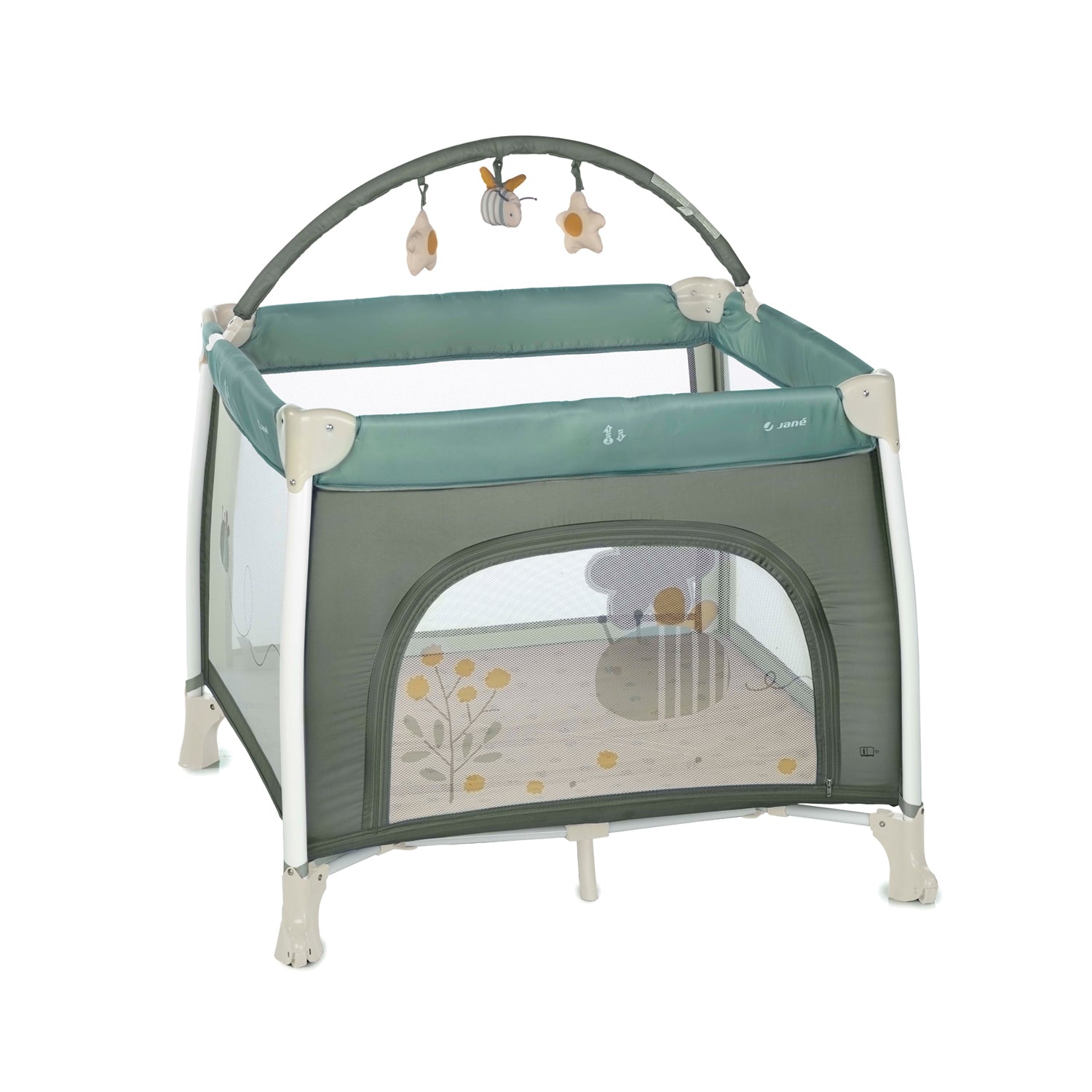 Green and gray baby playpen with toys on a white background