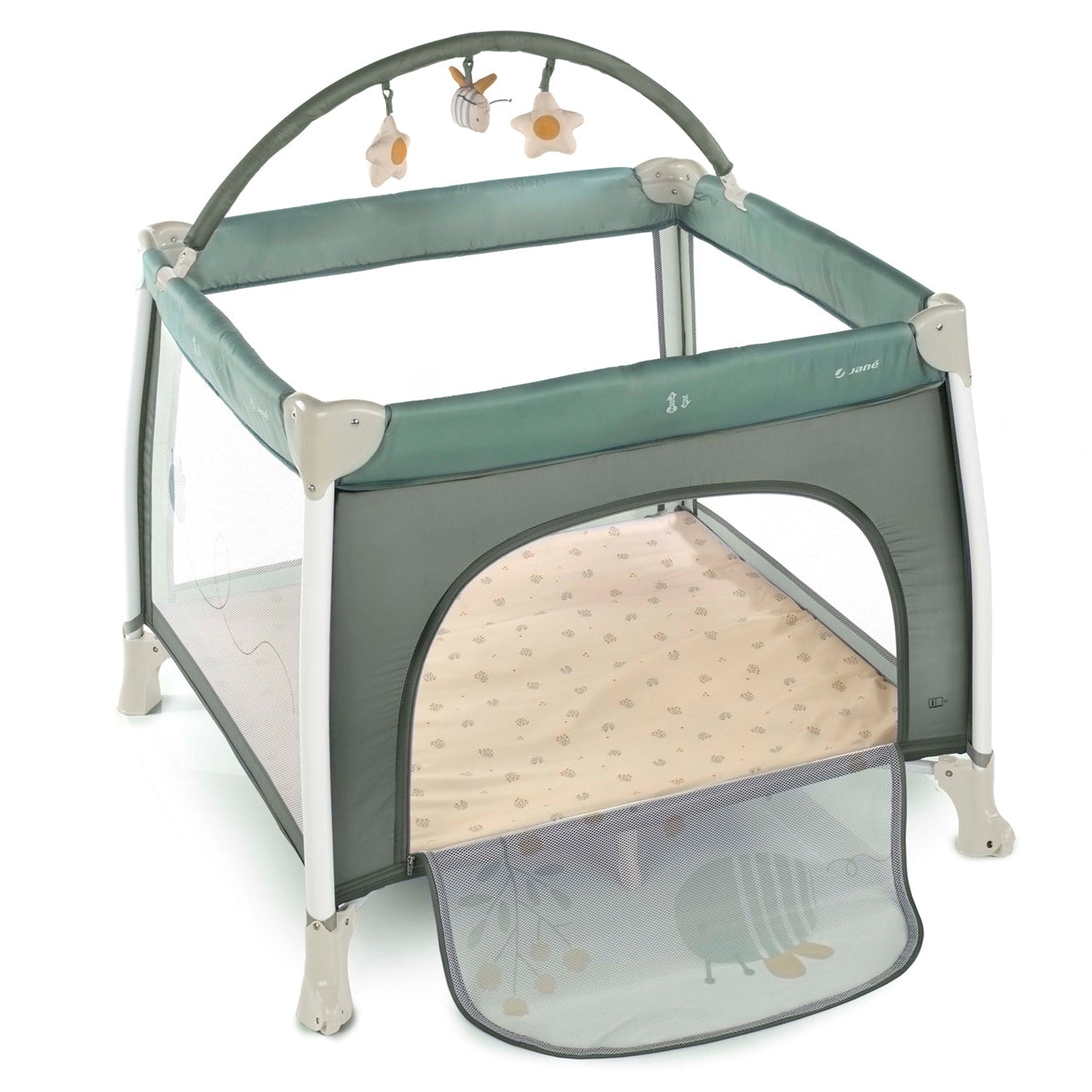 Portable baby crib with green and gray color scheme on a white background