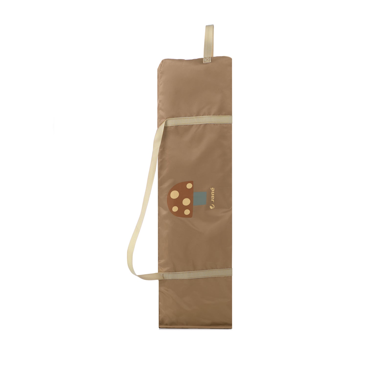 Brown bag with a strap and a logo on a white background