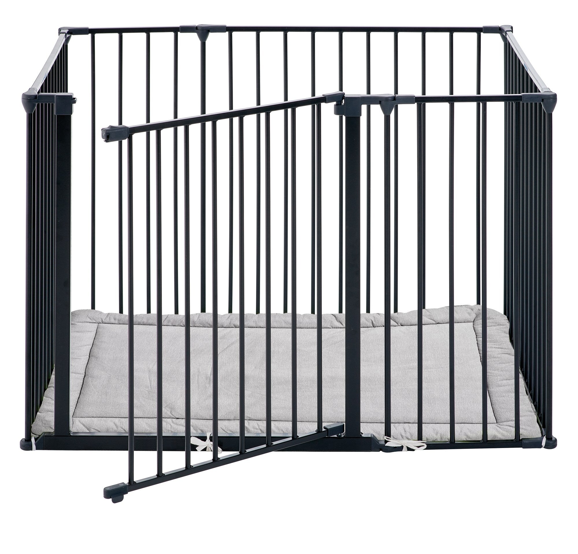 Black metal playpen with gray cushioned floor on a white background