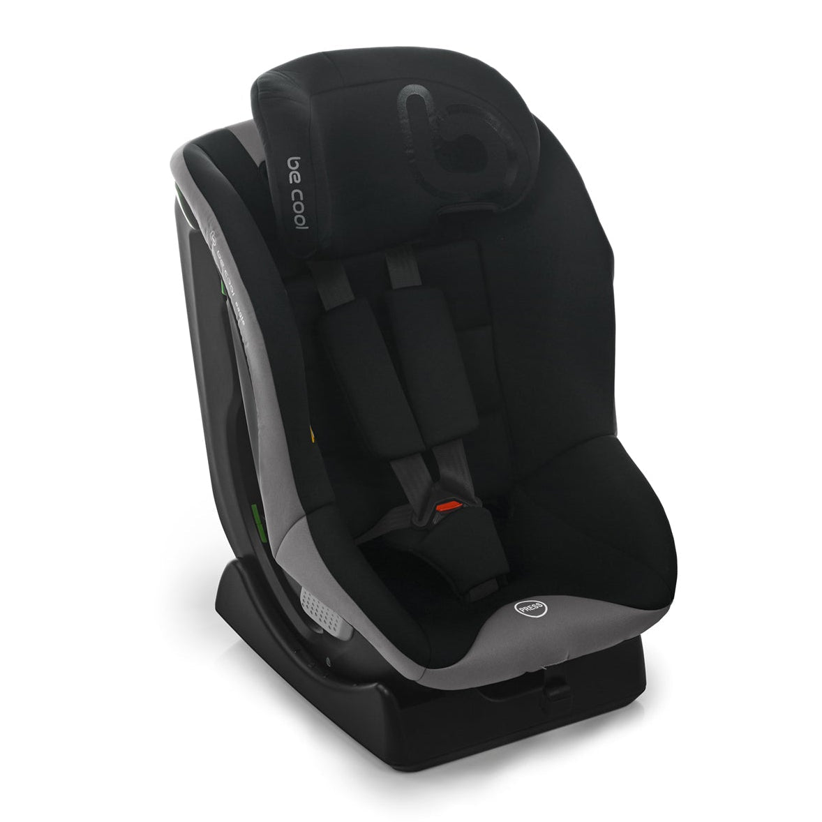 Black car seat with 'becool' branding on a white background