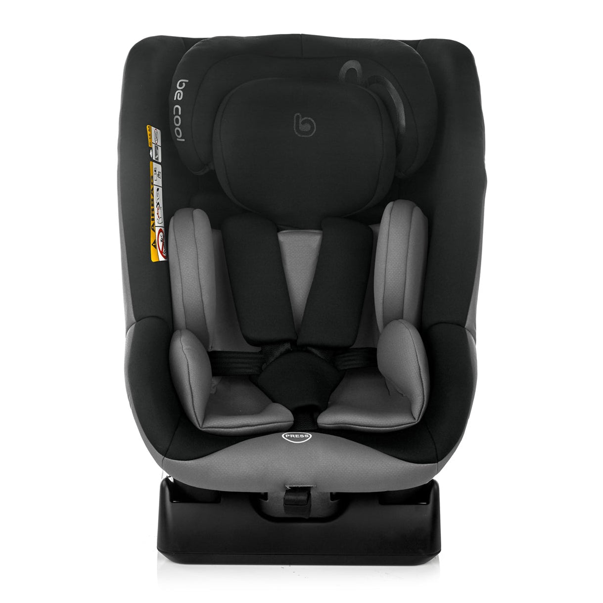 Black and gray car seat with be cool branding on a white background