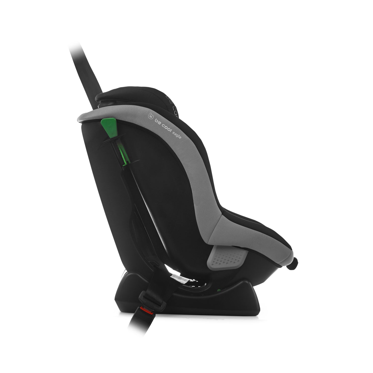 Black and gray car seat with green accents on a white background